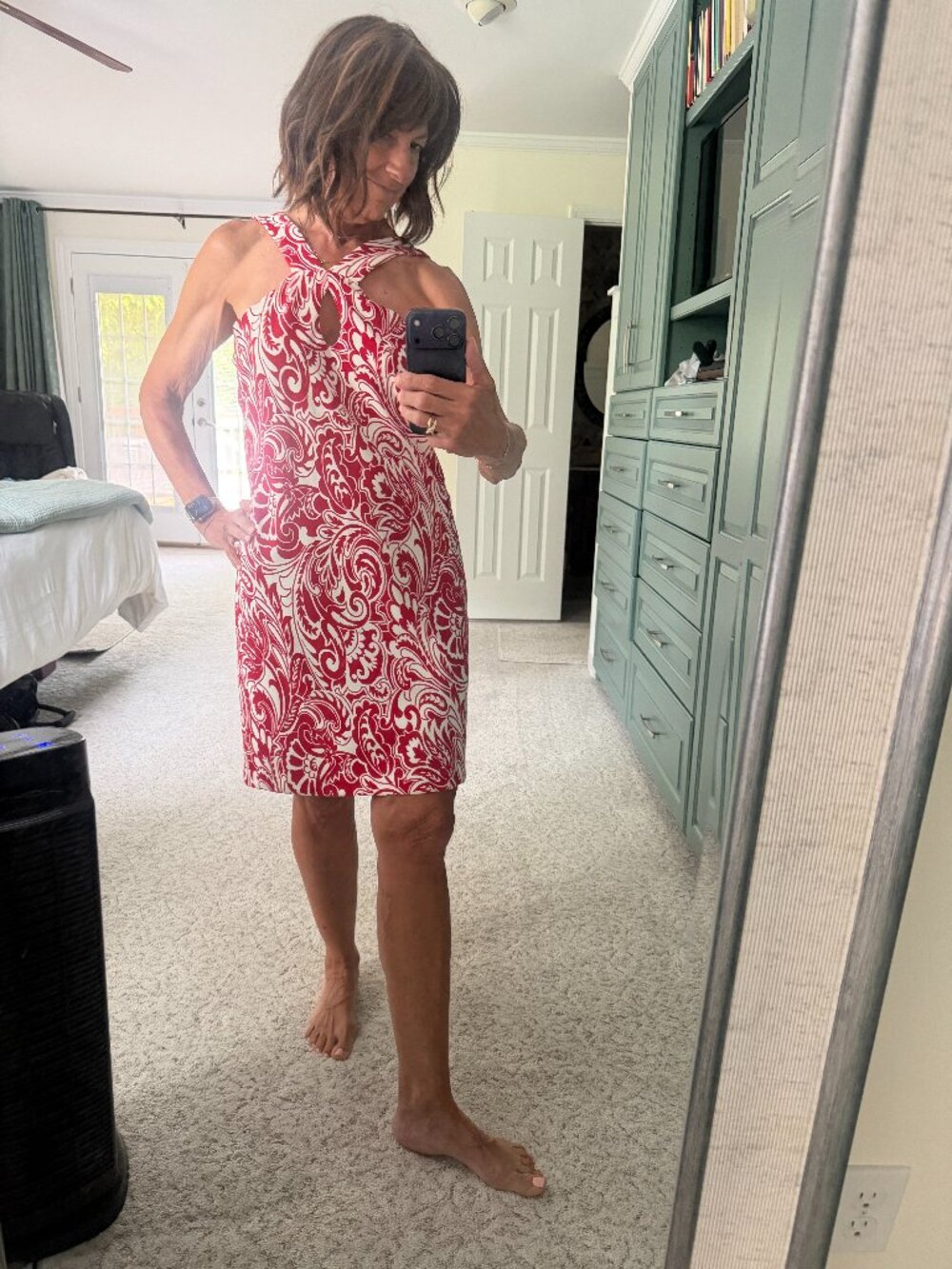 Boston Proper Red & White Paisley Print Keyhole Halter Dress Size Medium NWT